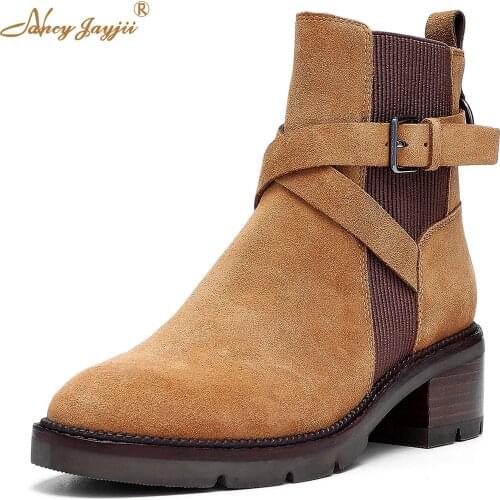 Women Winter Solid Flock Chelsea Boots Almond Toe Med Square Heel Ankle Booties Ladies Street Style Party Elastic Band Shoes