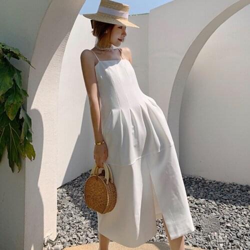 Fashion Summer Vintage Sexy Sleeveless Midi Party Dress Ladies Elegant Robe Casual Strap Folds Split White Beach Vacation Dress