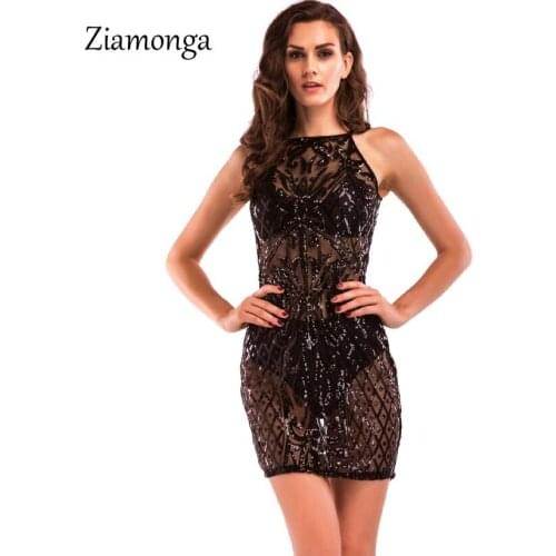 Ziamonga Black Sequins Sheer Mesh Bodycon Dress Sleeveless O-Neck See Through Sheath Mini Club Party Dress Female Bra Outfits