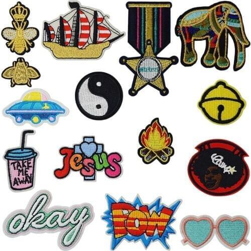 Golden Gesture Words Cute Embroidered Iron on Patches for Clothing DIY Stripes Clothes Patchwork Sticker Custom Applique
