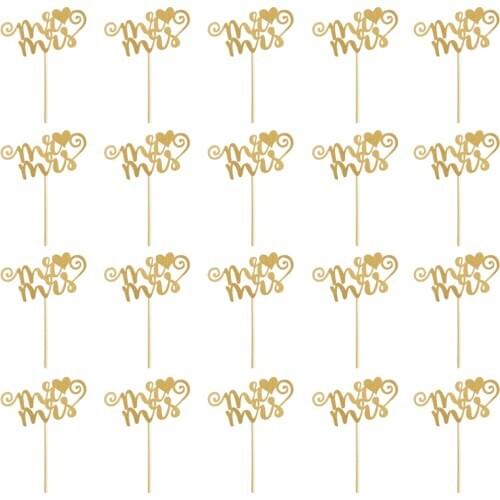 20/set Glitter Paper Wedding Mr & Mrs Heart Cake Cupcake Topper Pick Decor Silver/Silver