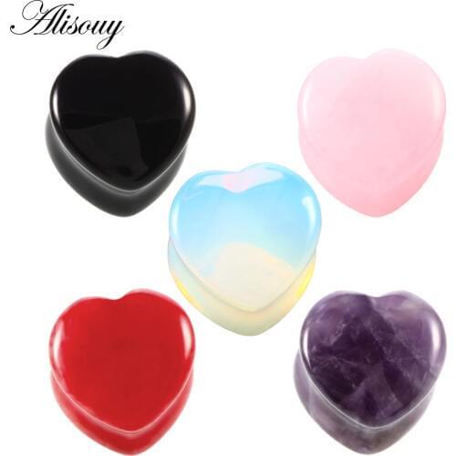 Alisouy 2PCS Heart Shape Stone Ear Plugs Tunnels Piercings Gauges Ear Expanders White Pink Stone Ear Plugs Pircings Body Jewelry