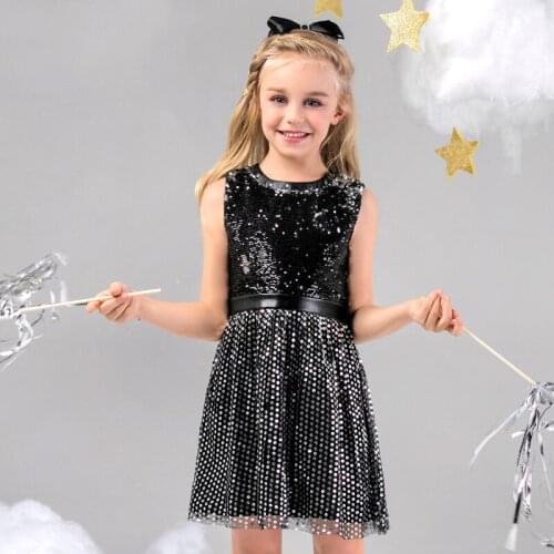 Girls black sequined screen dress sleeveless vest dress stitching childrens dress