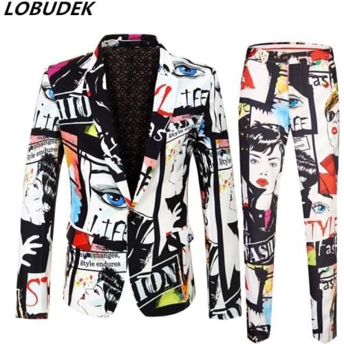 Personality Graffiti Print Suit Men Singer Dancer HIP HOP Stage Performance Outfit Tide Fashion 2-Piece Set DJ Nightclub Costume