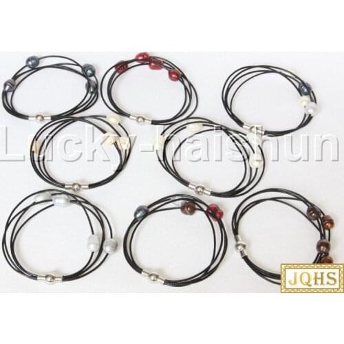 JQHS Baroque 4 Rows Black white pink gray coffee wine red pearls Black leather bracelet magnet clasp j12878