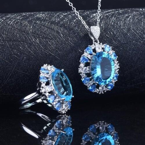 2021 Sterling Silver High Exquisite Jewelry Set For Women Millennium Cut Aquamarine Pendant Necklace Amethyst Topaz Diamond Ring