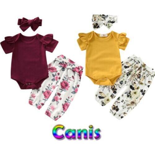 Newborn Toddler Baby Girl Short Sleeve Tops Romper Floral Pants 3PCS Outfits Set