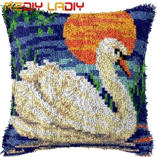 Latch Hook Cushion Moon Swan Lake Printed Canvas Cushion Front Acrylic Yarn Crochet Pillow Case Kits Hobby & Crafts Home Decor
