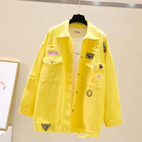 Spring Autumn Women Fashion Loose Hole Denim Jacket Female New Appliques Letter Smiley Trend All-match Blouse Shirts Over Size