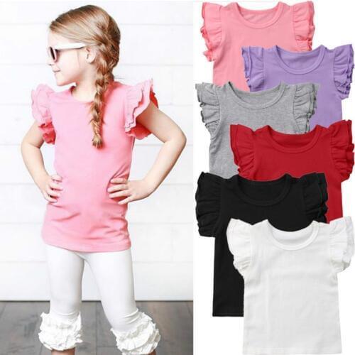 0-4Y Newborn Toddler Kids Baby Girl Summer Clothes Fly Sleeve Solid Color Cotton T-shirt Tee Blouse Outfits