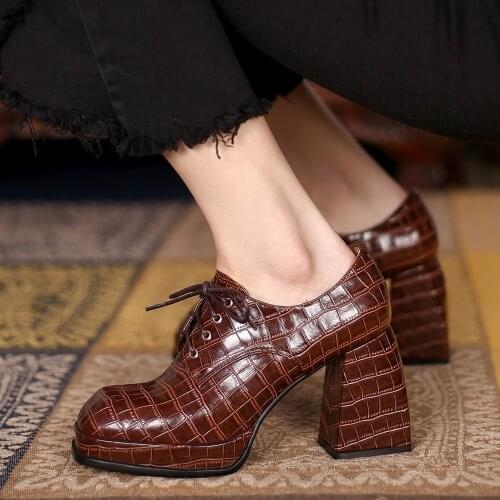 Fashion Woman Platform Shoes Spring/Fall Ladies Leather High Heel Oxford Shoes Womens Square Heels Pumps For Girls Black/Brown