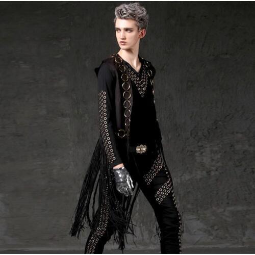 Hip Hop Vest Mens Self-cultivation Personality Tide Punk Long Tide Tassel Vest Metal Ring Nightclub Stage Singer Costumes