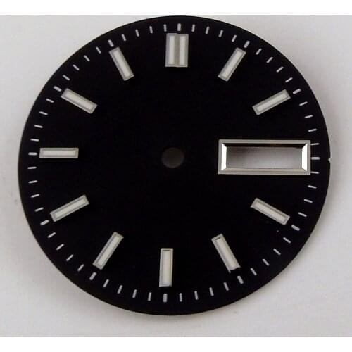 New 29mm Steel Green Luminous Marks Sunburst Black Watch Dial Face fit NH36A Double Date Window