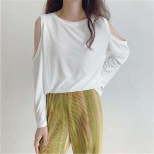 2020 New Arrivals Minimalist O-neck Off Shoulder Long-sleeved Cotton Pullovers Tops+ Color Blocking Dyeing High Waist Loose Pant