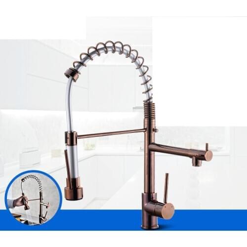All Copper Rose Gold Multi Spring functional Dish Faucet High Grade Hot And Cold Single Hole Rotary Pull Kitchen
