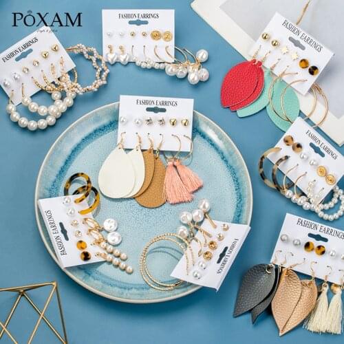 POXAM Vintage Leather Pearl Round Earrings For Women Bohemian Fashion 2020 Jewelry Statement Brincos Dangle Drop Metal Earings