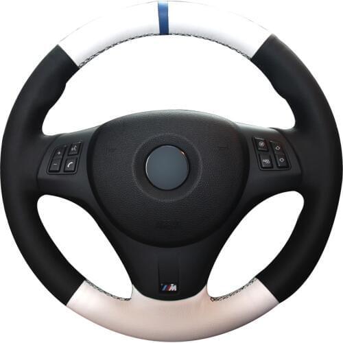 Hand sewing custom Black White Leather Blue Marker Car Steering Wheel Cover for BMW M3 2009-2013 E92