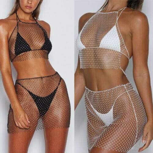 Sexy Women Bikini Cover Up Mesh Crystal Mini Skirt Cover Ups Crop Top Hollow Out Crochet Swimsuit Cover Summer Beachwear
