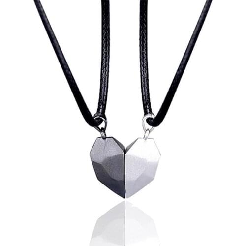 QUEEN ELISA 2pcs Heart Couple Necklace for Women Men Magnetic Black Chain Pendant Necklace Gothic Charm Clavicle Jewelry 2021