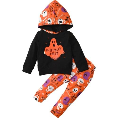 OPPERIAYA 2Pc Kids Halloween Tracksuit Ghost Letters Hooded Long Sleeve Sweatshirt Skull Pants Baby Boy Girl 6 Months to 4 Years