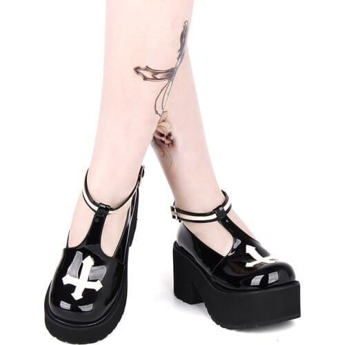 Black and White Gothic Cross Design Punk Lolita Shoes Thick Heel Platform Spring/Autumn Girls Shoes
