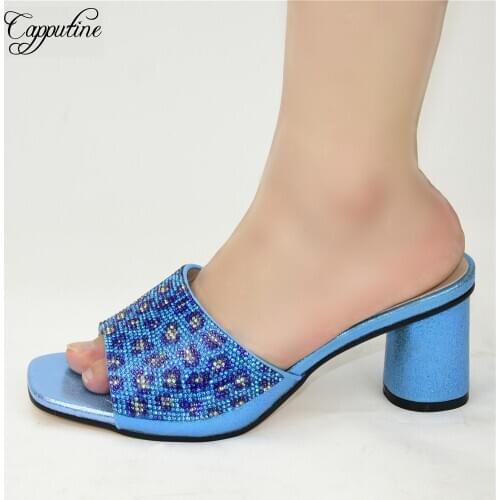 Sky Blue Party Shoes African Lady High Heel Slip-on Shoes With Rhinestones 88-28 Heel Height 7.5CM