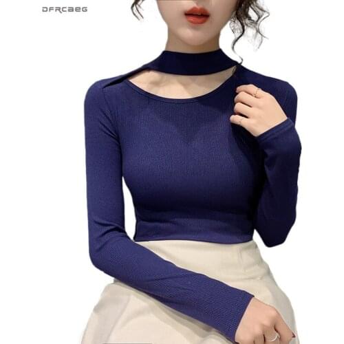 Sexy Hallow Out Halter T Shirts Clothing Spring 2020 Casual Long Sleeve Women Shirt Tops Casual Ladies Tshirt Korean Clothes