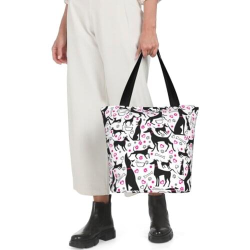 Women Shoulder Shopping Bag Canvas Tote Bag Greyhound Print Harajuku Handags Zipper Shopper Ladies Reusable Hand Purse
