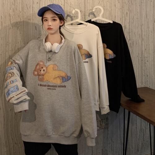 Sweatshirt Woman Cartoon O-Neck Long Sleeve Kawaii Preppy Style Autumn Winter Students Loose Plus Size Sudaderas Para Mujer