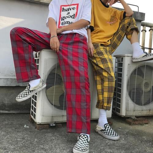 Runway 2018 fashion womens pants Korean version INS Harajuku style loose full length plaid mid waist streetwear wide leg pants