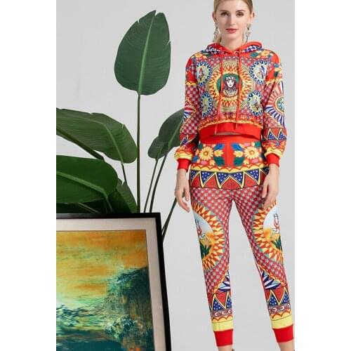 2021 Autumn Red Casual Set Women Fashion Design Hooded Top + Elastic Waist Pants Vintage Flowers Printed Two Pieces Set