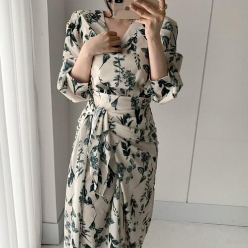 One-Piece Floral Irregular Women Dress Elegant V-Neck Long Sleeve Lace Up Korean Dress 2021 Spring Summer Female Dress Vestidos
