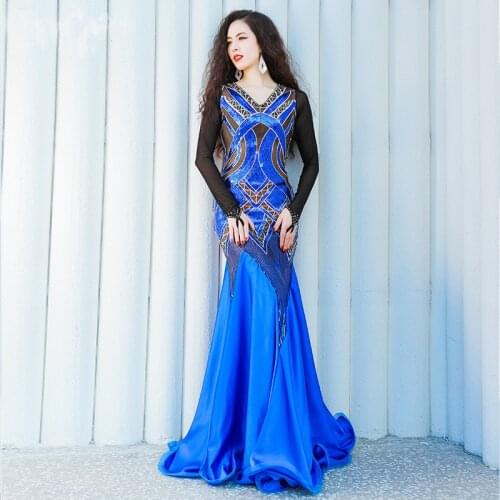 Bellydance Long Sleeve Embroidery Paillette Gauze Sexy Belly dance One-Piece Dress for Female Costume Performance Wears YC070