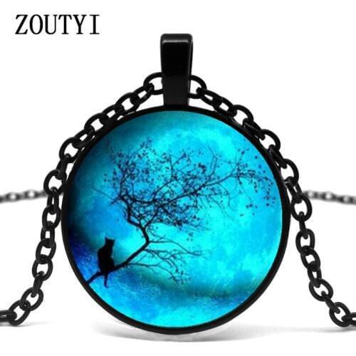 2018/Blue Moon and Cat Logo Glass Pendant Necklace Fashion Vintage Chain Necklace Statement Necklace Gift Girl
