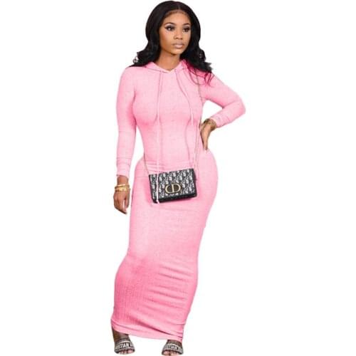 Amalyur Ribbed Long Bodycon Dress Women Spring Autumn Hooded Skinny Long Sleeve Dress Streetwear Slim Sheath Maxi Dress Fitness