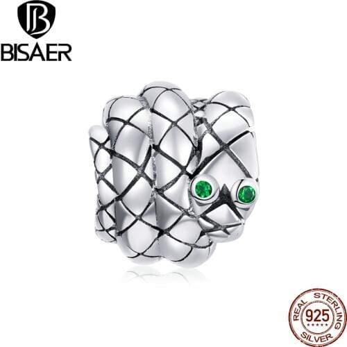 BISAER Vintage Snake Beads 925 Sterling Silver Retro Charms Pendant Fit DIY Original Bracelet Jewelry Accessories Gift ECC1770