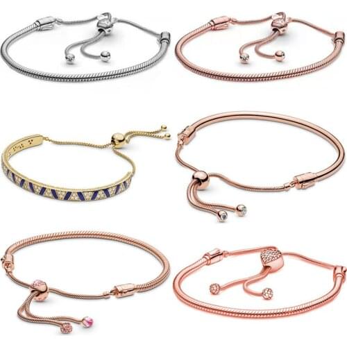 Shine Stones & Stripes Sliding Rose Castle Peach Blossom 925 Sterling Silver Bracelet Fit Europe Bangle Bead Charm Diy Jewelry