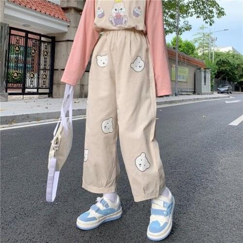 Kawaii Cute Bear Trousers Women Pants Basis Wild High Waist Loose Pantalon Elastic Waist Casual Harajuku Japanese Fashion Pants