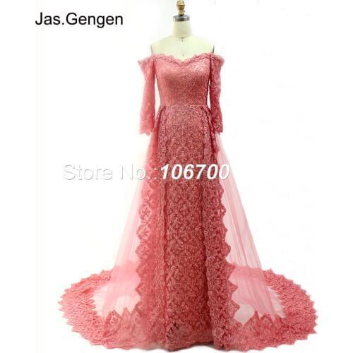 One Piece Amazing Long Train Evening Dress Embroidery Lace Three Quarter Sleeves Off Shoulder Bridal Pageant Prom Gowns New