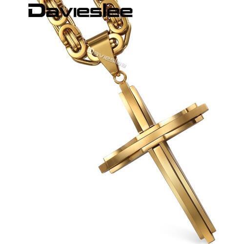 Davieslee Cross Pendant Necklace Chain for Men Stainless Steel Gold Black Silver Color Mens Necklaces Chains Jewelry LKP355