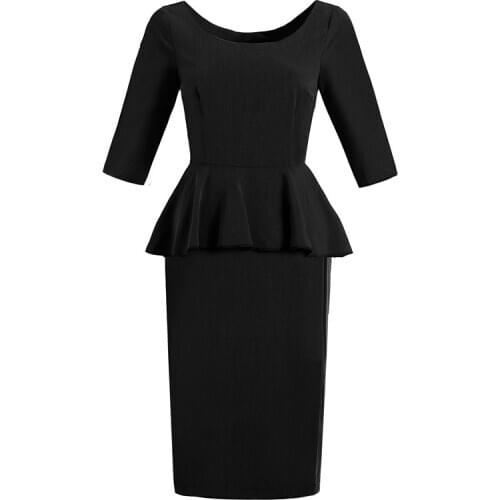 Women Vintage Dress 1950s 1960s Bodycon Dress Crew Neck 3/4 Sleeve Ruffle Hem Split Hip Wrap Dress Mid Length