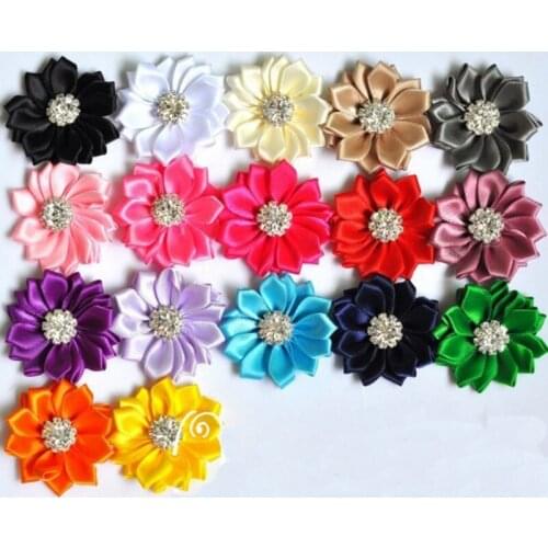 5pcs/lot 2" Artificial Flowers With Rhinestone Button Satin Ribbon Fabric Flowers Boutique Lace trim patch applique lace