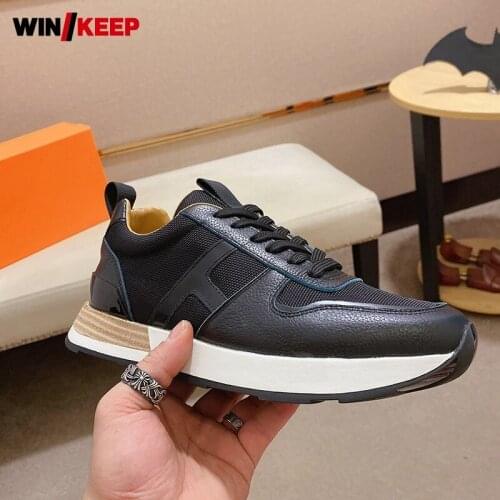 Men Genuine Leather Patchwork Sneakers Luxury Brand Round Toe Jogging Sport Shoes Lace Up Outdoor Flat Trainers Zapatillas