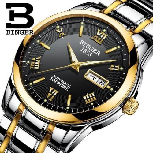 Mens Watches Top Brand Luxury Automatic Mechanical Watch Clock BINGER 2017 New Series Auto Date Golden case relogio masculino