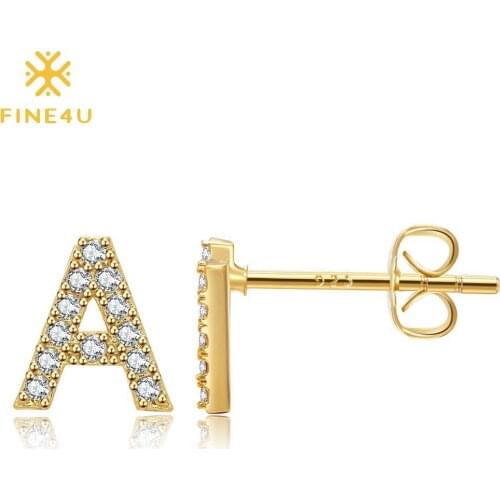 FINE4U E305 Pave Cubic Zirconia Stud Earrings Fashion Alphabet Letter Initial Earrings A-Z Studs for Women Girls Sensitive Ears
