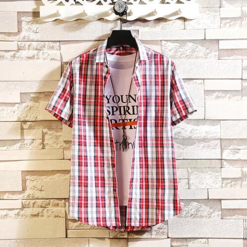 Mens Standard-Fit Short-Sleeve Checked Plaid Shirt Patch Chest Pocket Thin Soft Cotton Collar Striped Dress Shirt Shirt Male Ca