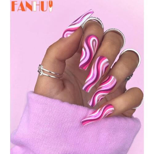 24Pcs Long Coffin False Nails with Colorful Wave Designs Wearable Fake Nail Full Cover Nail Art Tips Press on Nail Manicure Tool