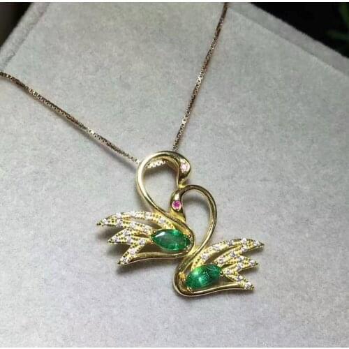 Natural green emerald gem Pendant natural gemstone pendant necklace S925 silver Fashion lovely Couple Swan girl gift jewelery
