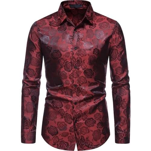 PARKLEES Long Sleeve Slim Rose Print Dress Shirt Fashion Casual Jacquard Button Shirts for Men Wedding Prom Blouse Chemise Homme