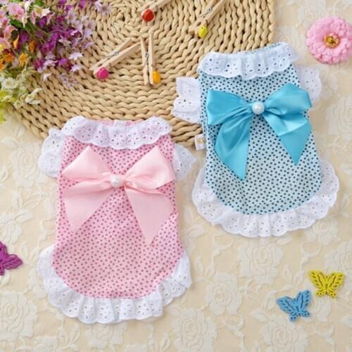Pet Dog Dress Cotton Lace Floral Puppy Skirt Dogs Cats Party Dress Princess Clothes With Bowknot Dogs Clothes Summer Autumn XS-L